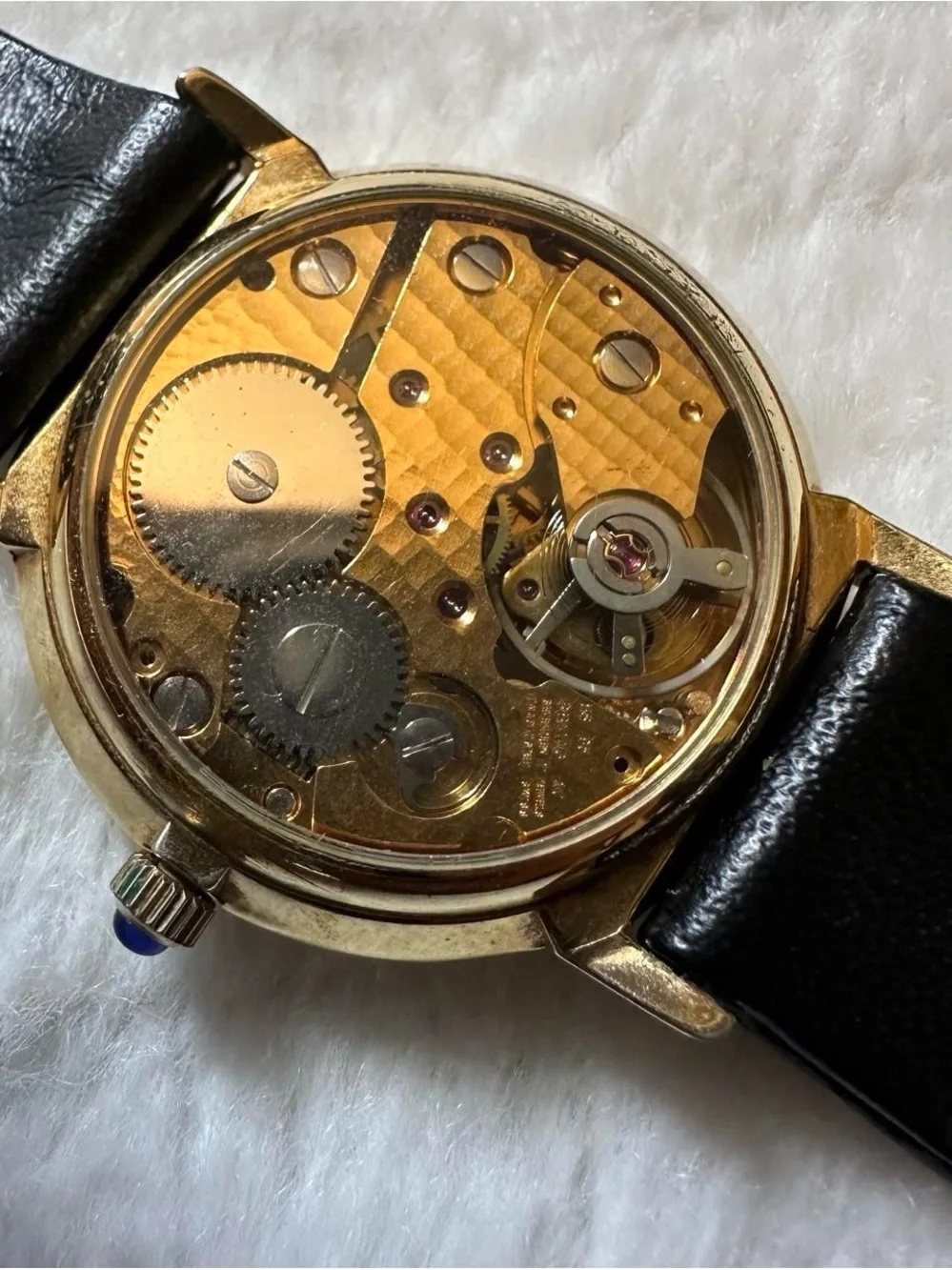 Vintage Men’s Zeon Gold Skeleton Dial Watch with Black Leather Strap